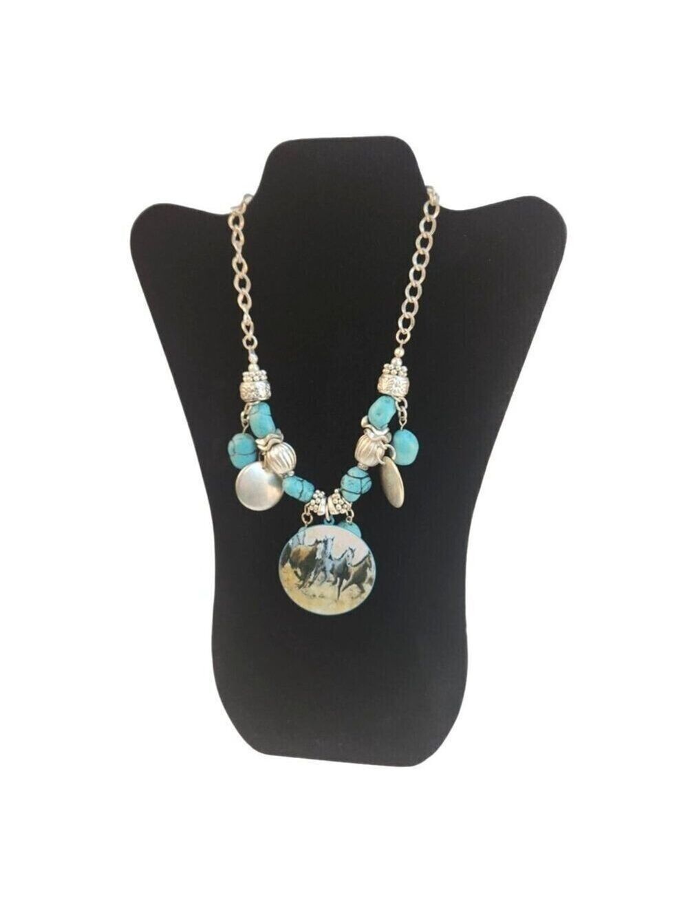 Western Silver & Turquoise Colored Necklace With Horse Pendant & Beads Western C